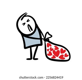 Вisgruntled character tries to drag a big heavy bag full of stolen hearts. Vector illustration of romantic thief.