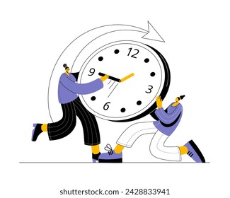 The character is trying to stop time. Vector illustration concept on the topic of time management.