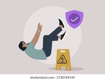 Um personagem cai inesperadamente, ilustrando o tema do seguro de responsabilidade civil, Um sinal de cuidado sugere perigo potencial, enfatizando a importância da segurança.