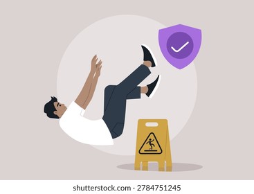 A character tumbles unexpectedly, illustrating the theme of liability insurance, A caution sign suggests potential danger, emphasizing the importance of safety