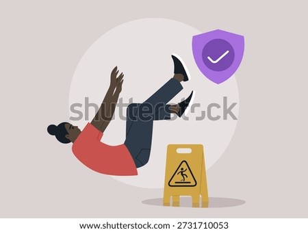 A character tumbles unexpectedly, illustrating the theme of liability insurance, A caution sign suggests potential danger, emphasizing the importance of safety.