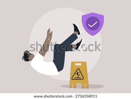 A character tumbles unexpectedly, illustrating the theme of liability insurance, A caution sign suggests potential danger, emphasizing the importance of safety.