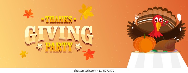 Character of turkey bird holding spoon and fork with food elements on table for Thanksgiving Party concept. Header or banner design.