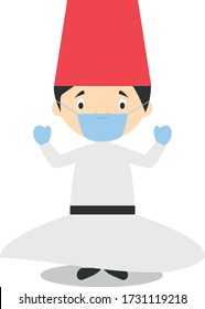 Character from Turkey. Whirling Dervishes dressed in the traditional way and with surgical mask and latex gloves as protection against a health emergency