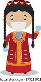 Character from Turkmenistan dressed in the traditional way and with surgical mask and latex gloves as protection against a health emergency