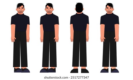 Character turnaround model sheet of a boy, featuring front and side views. Character set includes various angles and perspectives.
