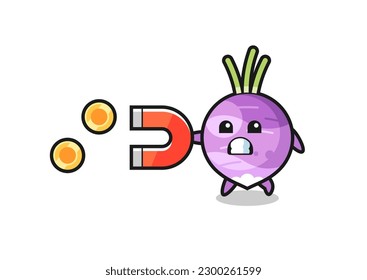 el personaje de turnip sostiene un imán para capturar las monedas de oro , diseño de estilo lindo para camiseta, pegatina, elemento logo