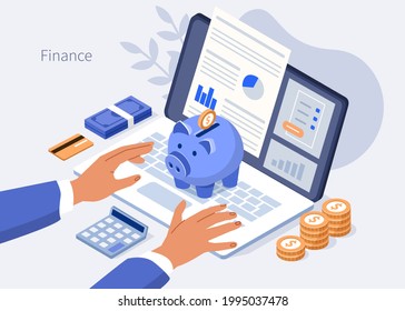 Character typing on laptop with financial report on screen. Accountant managing budget and making savings. Saving money and economy concept. Flat isometric vector illustration.