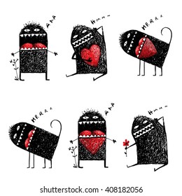 Character Ugly Eccentric Monster in Love with Red Heart Sketchy. Abstract black funny creature, bizarre humorous, creative character. Hand drawn vector illustration