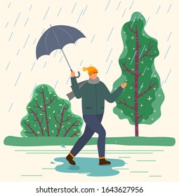Character with umbrella under autumn rain walking on puddles vector. Rainfall and fall weather, guy in warm clothes with parasol, seasonal forecast changes. Person and outdoor activity illustration