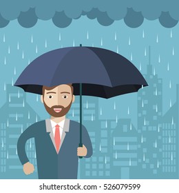 Character with Umbrella Under the Rain. Big City Silhouette on the Background. Vector Illustration.