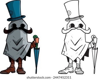 character under a sheet with a mustache and a gentleman's hat