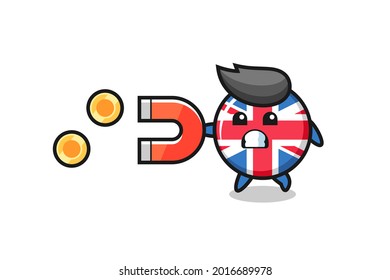 the character of united kingdom flag badge hold a magnet to catch the gold coins , cute style design for t shirt, sticker, logo element