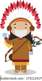 Character from United States dressed in the traditional way of the American Indians and with surgical mask and latex gloves as protection against a health emergency