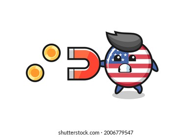 the character of united states flag badge hold a magnet to catch the gold coins , cute style design for t shirt, sticker, logo element