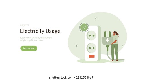 
Character unplug appliances to  reduce and save energy consumption at home. Energy efficiency and electricity consumption in household concept. Vector illustration.