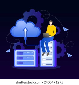 A character uploads data to the cloud storage while sitting on the server