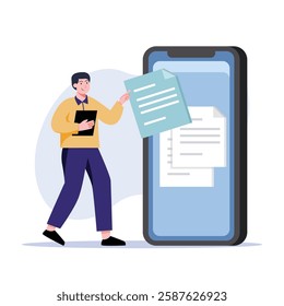 Character uploads documents to a large phone screen representing digital file management Use for illustrating mobile office and digital workflow processes