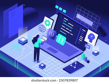 Character use AI tools for code writing, development and analysis. Artificial intelligence technology in business concept. Vector isometric illustration.