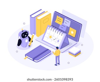 Character use artificial intelligence generative tools for time management, schedule. Scheduling, task performance, calendar organizing concept. Flat isometric vector illustration.