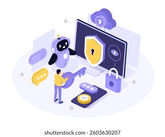 Character use artificial intelligence tools to detect cyberthreats and for data security, protection, privacy. Cybersecurity in cloud computing concept. Flat isometric vector illustration.