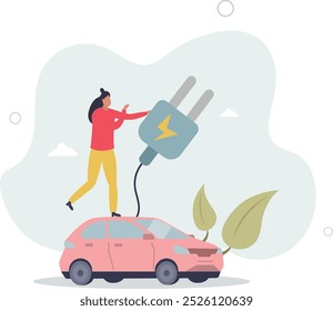El personaje utiliza un coche eléctrico para mantener el planeta limpio. Diseño plano con las personas.