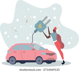 El personaje utiliza un coche eléctrico para mantener el planeta limpio. Ilustración vectorial plana. Vida y empleo de las personas.