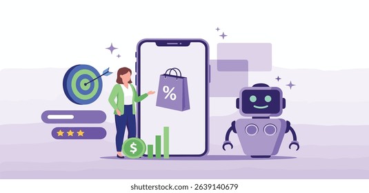 Character using artificial intelligence tool for content creation, business strategy, communication. Digital marketing, advertising, promotion concept