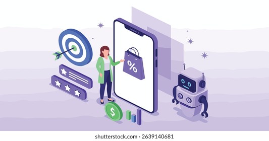 Character using artificial intelligence tool for content creation, business strategy, communication. Digital marketing, advertising, promotion concept