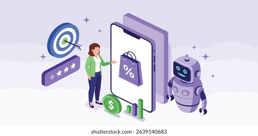 Character using artificial intelligence tool for content creation, business strategy, communication. Digital marketing, advertising, promotion concept