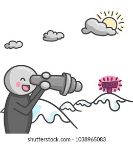 Character using binoculars to look at goals
