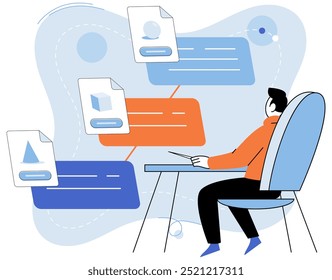 Character using cyber security services to protect personal data. Online payment security, cloud shared document, server security and protection of computer services and electronic information concept