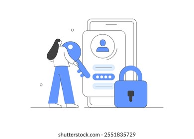 Character using cyber security services to protect private personal data, user account password privacy. Protected access control. Flat Cartoon Vector Illustration, icon. Stylish abstract