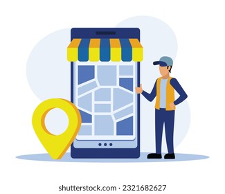 Character using delivery order service. Mobile app for express delivery package. Postman, courier deliver order. Vector illustration in blue and yellow colors