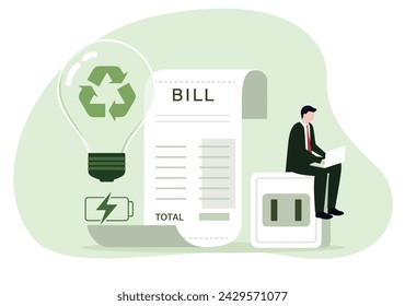 Character using energy efficient lamp, paying less and saving money. Power save in household and sustainable housing concept. Vector illustration.