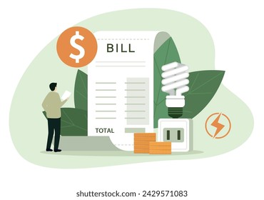 Character using energy efficient lamp, paying less and saving money. Power save in household and sustainable housing concept.