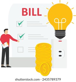 Character using energy efficient lamp, paying less and saving money. Power save in household and sustainable housing concept.

