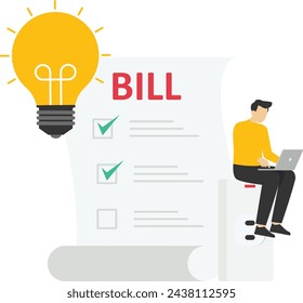 Character using energy efficient lamp, paying less and saving money. Power save in household and sustainable housing concept. Vector illustration.

