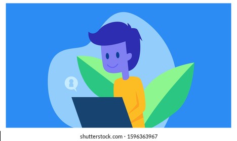 character is using a laptop. landing page design account management theme. business people background.