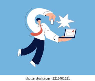 Character using laptop, looking at smartphone. Working online, freelancing, education, knowledge concept. Cartoon style character. Working at home, coworking space, concept illustration. Work remotely