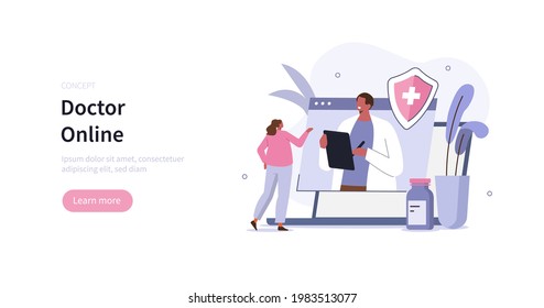 Character using laptop with video call on screen. Patient having online conversation with doctor. Modern health care services and online telemedicine concept. Flat cartoon vector illustration.