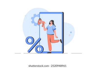 Character using loudspeaker to communicate with customers about discount and sales. Social media promotion and advertising concept. Flat vector illustration