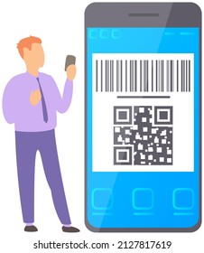 Character using mobile phone to scan barcode for online payment. Man holding smartphone with qr code. Application for cashless payments with online banking. Person scanning digital code from screen