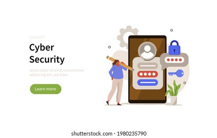 Character using mobile сyber security app to protect personal data on smartphone. User authorization, two steps authentication and information protection. Flat cartoon vector illustration.