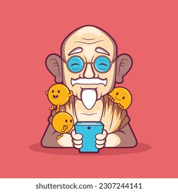 A character using a phone with emojis by his side vector illustration. Tech, games, communication design concept.