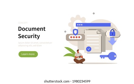 Character using сyber security services to protect documents and personal data. Cloud shared documents, privacy protection and secure files and folders. Flat cartoon vector illustration.