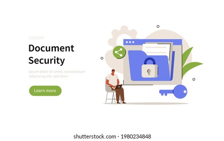 Character using сyber security services to protect documents and personal data. Cloud shared documents, privacy protection and secure files and folders. Flat cartoon vector illustration.