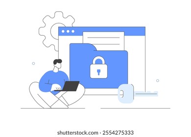 Character using сyber security services to protect documents and personal data. Cloud shared documents, privacy protection and secure files and folders. Flat Cartoon Vector Illustration, icon. Stylish