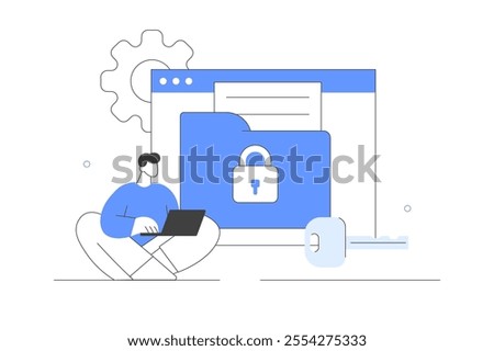 Character using сyber security services to protect documents and personal data. Cloud shared documents, privacy protection and secure files and folders. Flat Cartoon Vector Illustration, icon. Stylish