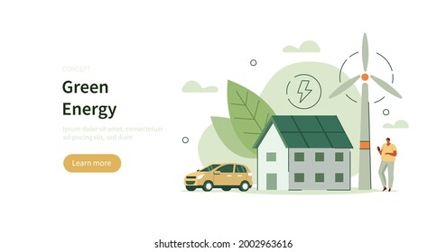 Character using smart grid technology to control his smart house with wind electricity generators, solar panels and electric car. Renewable and eco energy. Flat cartoon vector illustration.